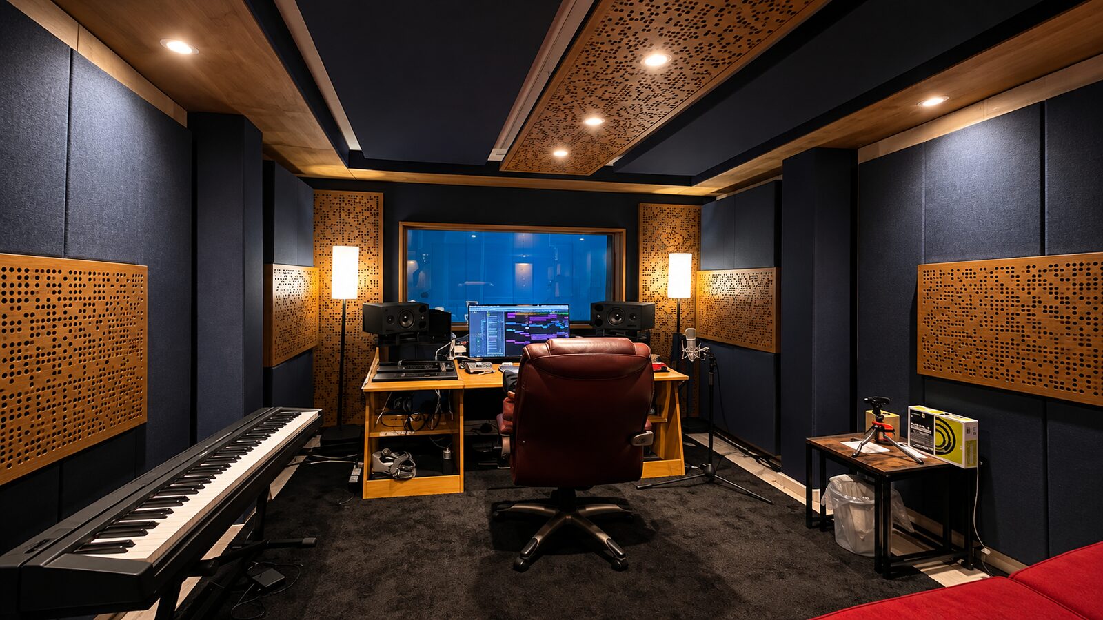 Sala de control de un estudio de grabación con paneles acústicos y difusores de madera