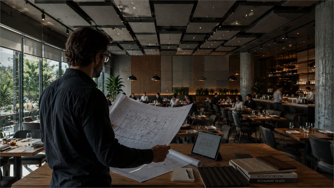 Especialista revisando planos acústicos dentro del propio espacio a tratar