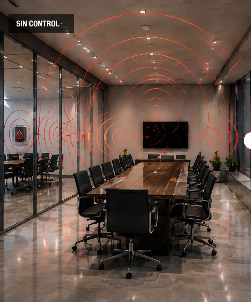 Sala de juntas de concreto y cristal sin tratamiento: el sonido se refleja en todas las superficies