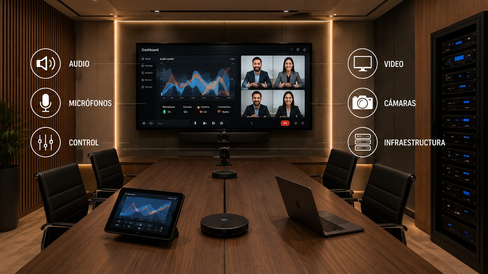 Sala de juntas con videoconferencia, control táctil, micrófonos y rack de infraestructura integrados
