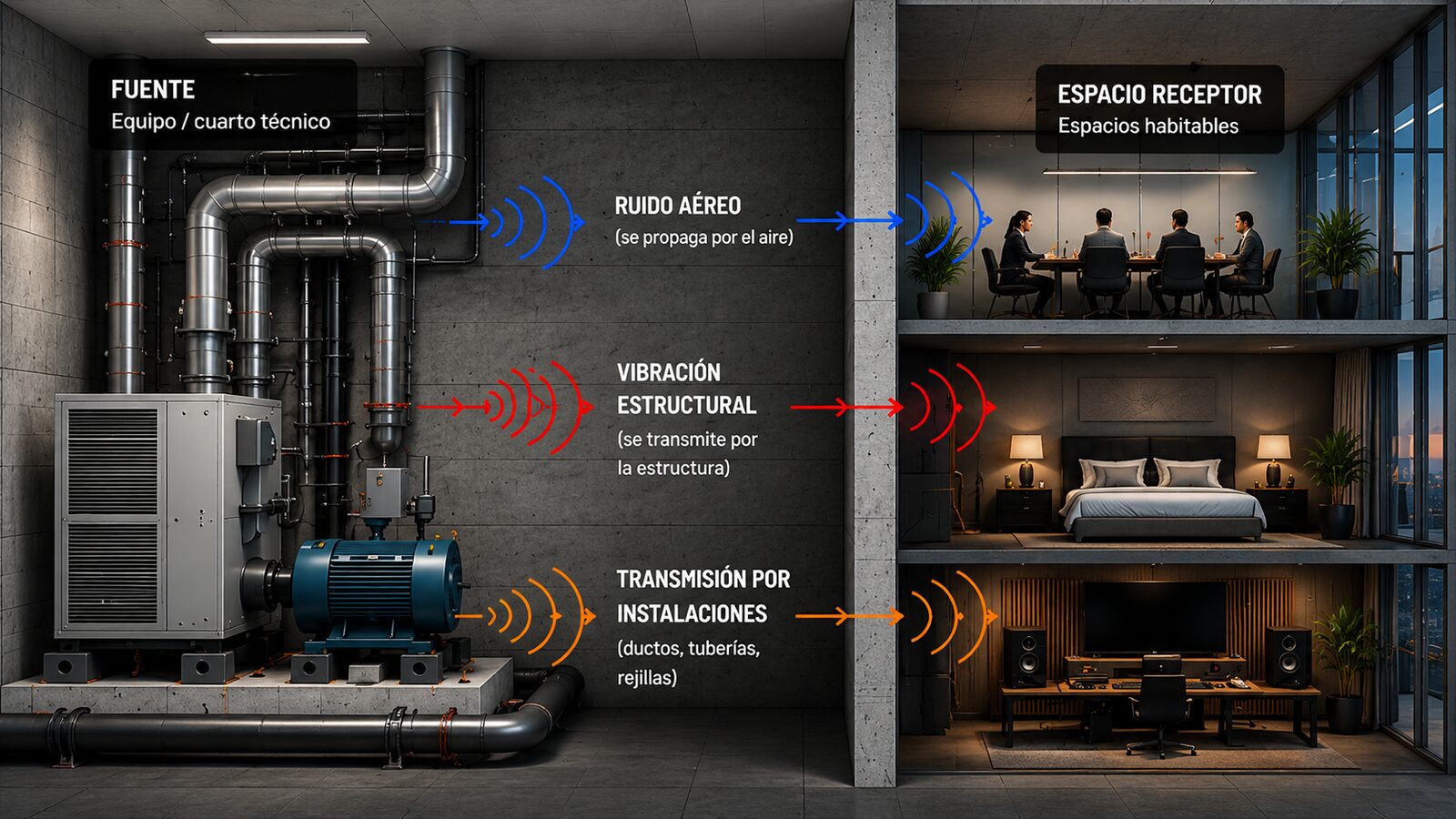 Corte de un cuarto de máquinas y la oficina contigua: el ruido aéreo, la vibración estructural y la transmisión por ductos y tuberías llegan hasta el espacio receptor