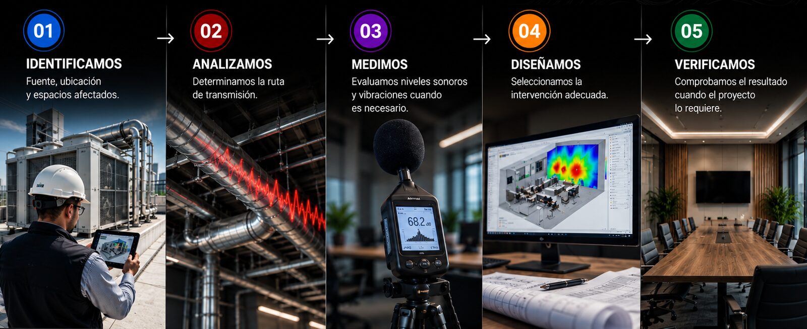 Proceso en 5 pasos: 01 identificamos, 02 analizamos, 03 medimos, 04 diseñamos, 05 verificamos