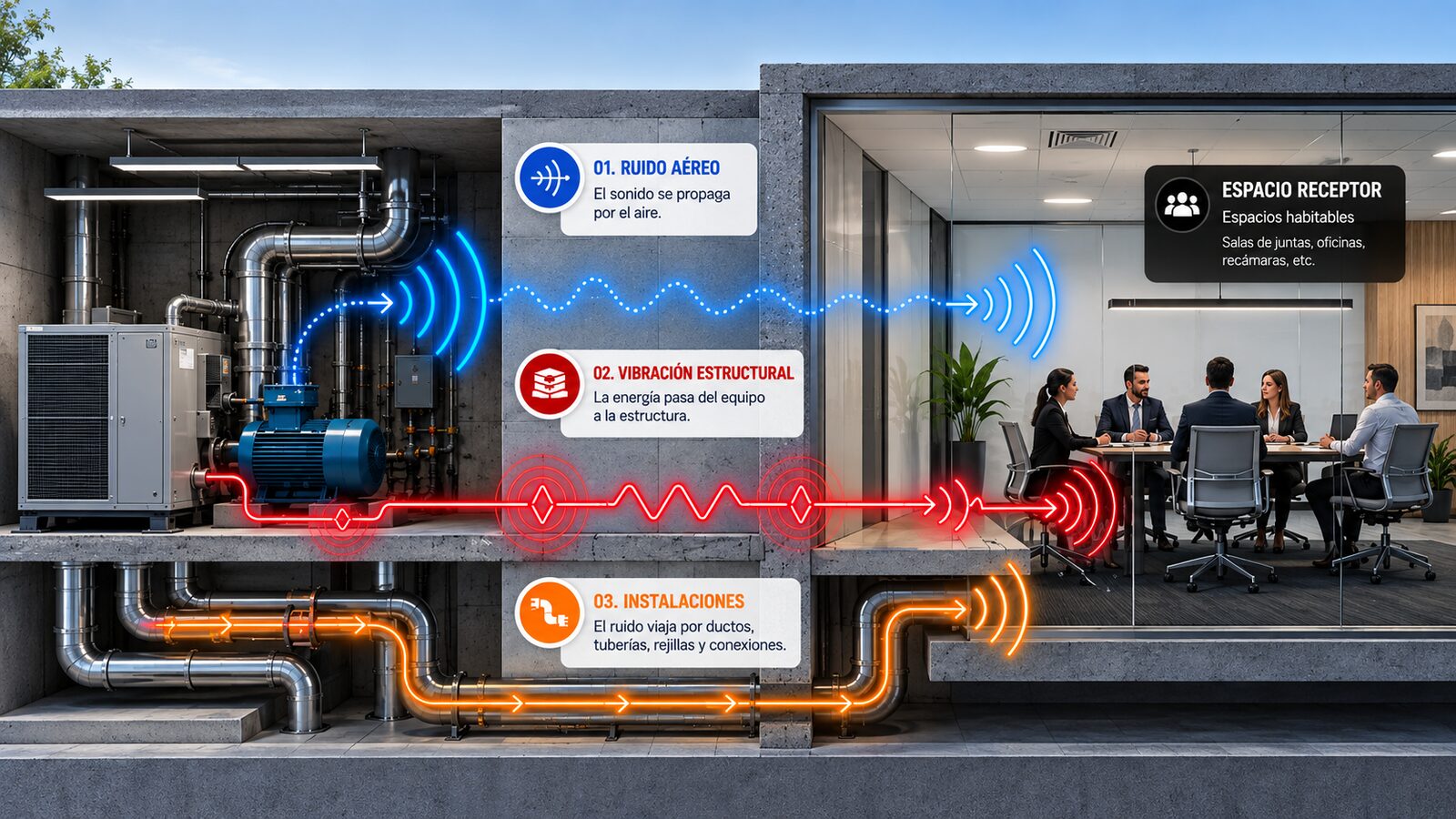 Diagrama: el ruido de un equipo se transmite por ruido aéreo, vibración estructural e instalaciones hasta el espacio receptor